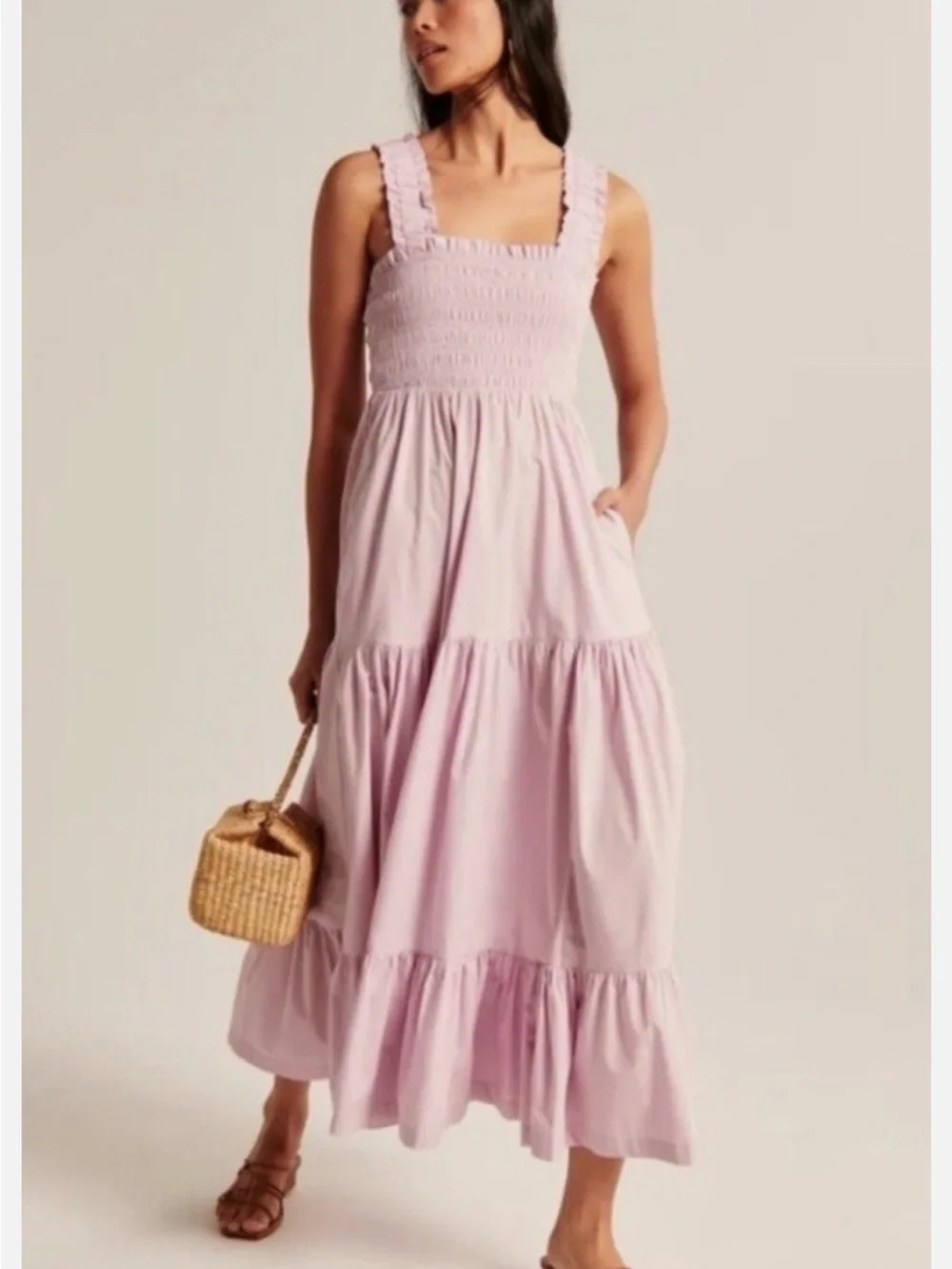 ABERCROMBIE & FITCH Smocked Bodice Easy Maxi Tiered Dress Sz S  Lavender